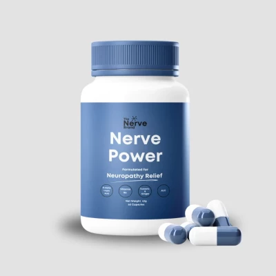 Bottle of Nerve Power dietary supplement with blue capsules.